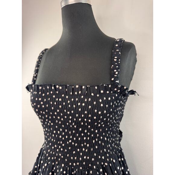 ASOS Black White Fit & Flare Dress Polka Dot Smocked Raw Cut Edges Pullover Sz 8 - Picture 3 of 6